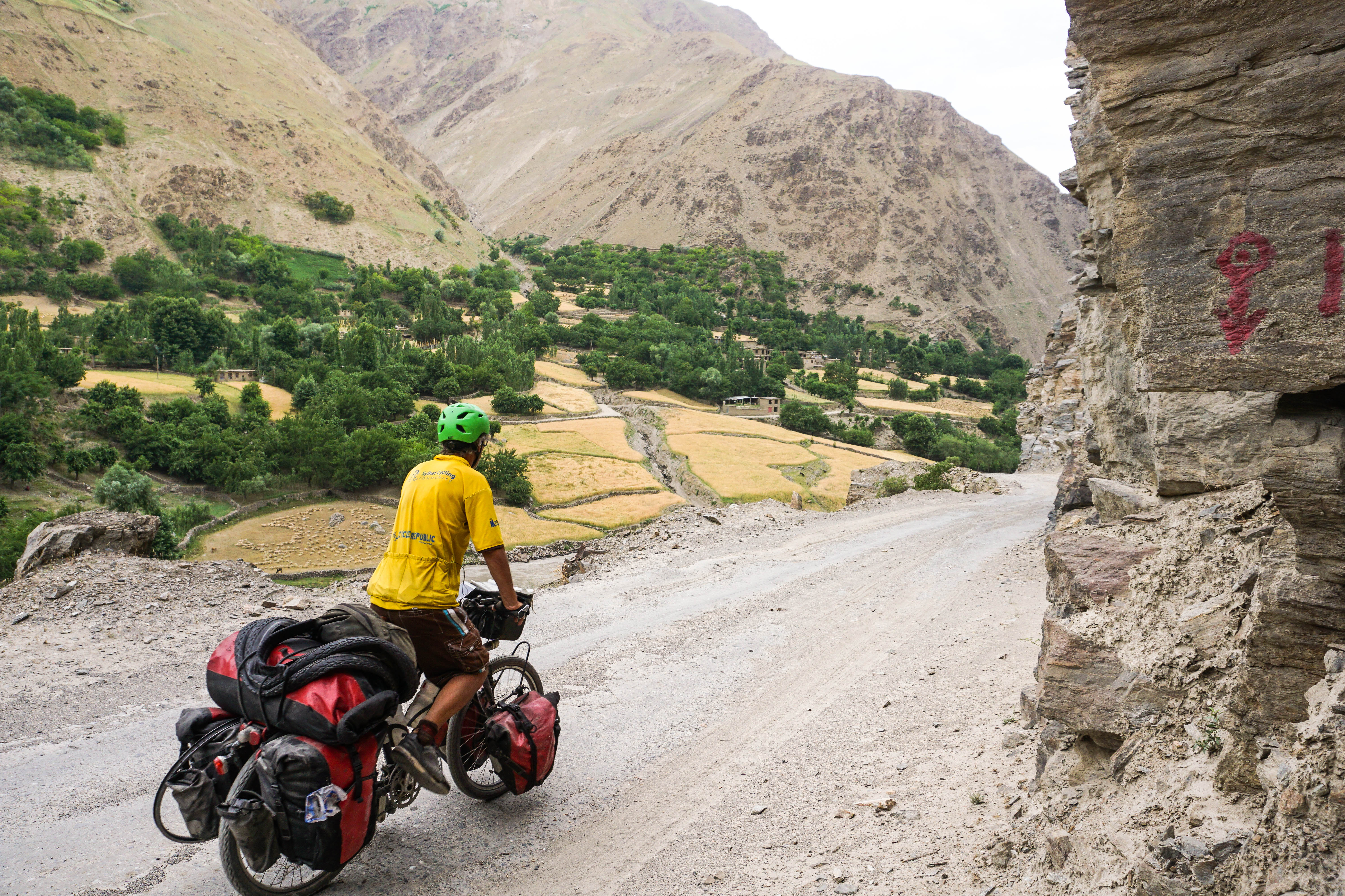 A narrow section of the Pamir Highway with stunning views of Afghanistan just a stone's throw away.